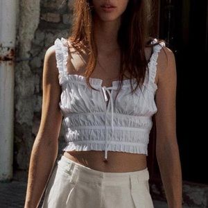 NWT Zara Organic Sweetheart Ruffle Bow Smocked Cropped Tank Top in White - S